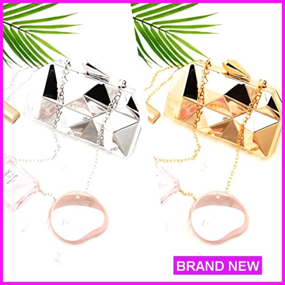 Large Geometric Metal Evening Clutch Purse with Detachable Chain Strap